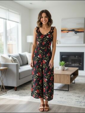 Ripe Black Floral Smocked Wide-Leg Jumpsuit with Red Flowers